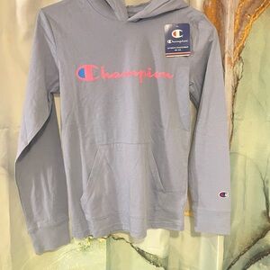 Champion Kids Light Blue Hoodie with Pink Logo